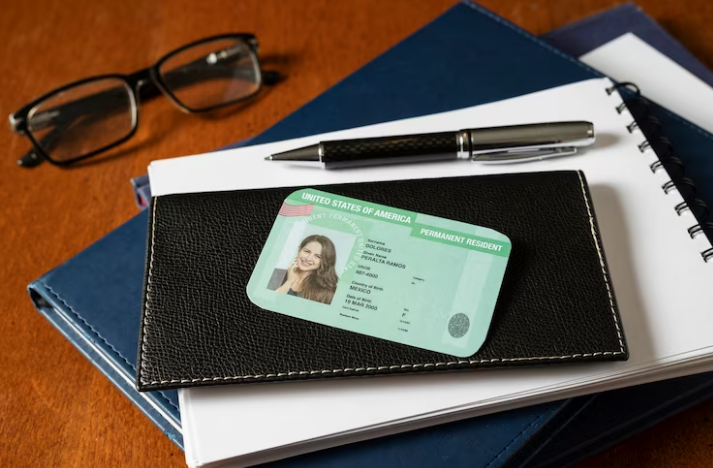 Sebuah kartu tanda pengenal resmi berwarna hijau di atas dompet hitam