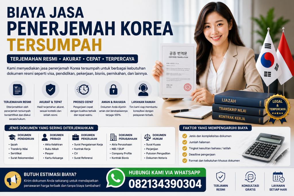 Biaya Penerjemah Korea Tersumpah